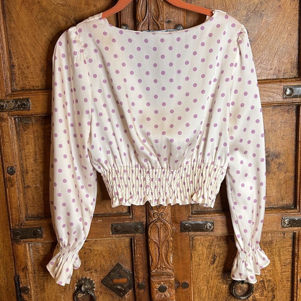 Zara polka dot blouse white lavender ruffled v neck cropped sz S - Picture 5 of 7